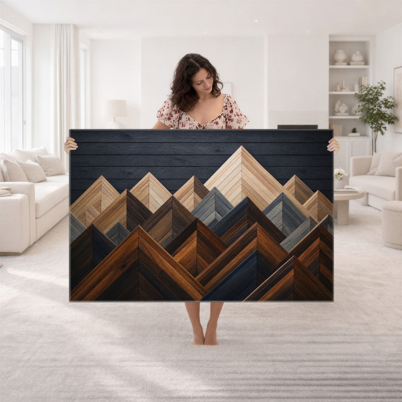 70531117-MGV-CV-36X24 - Geometric Wood Mountain Wall Art Canvas Print, 3D Look Rustic Mosaic Landscape Print