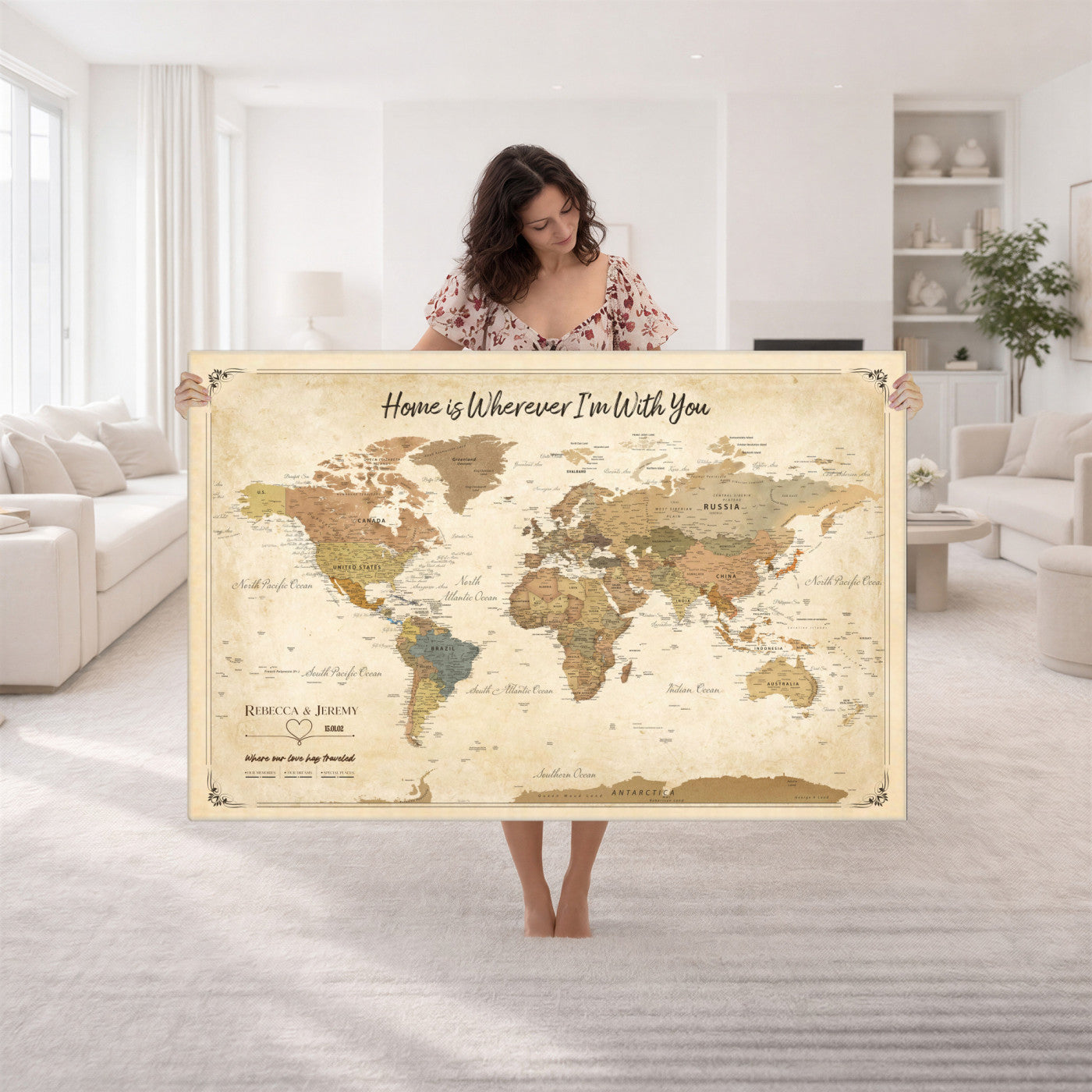 40086165SP-MGV-CV-36X24 - Custom Push Pin Travel Map Canvas Print, Cream Personalized Travel Tracker Map, Anniversary Gift, Vintage World Map Wall Art