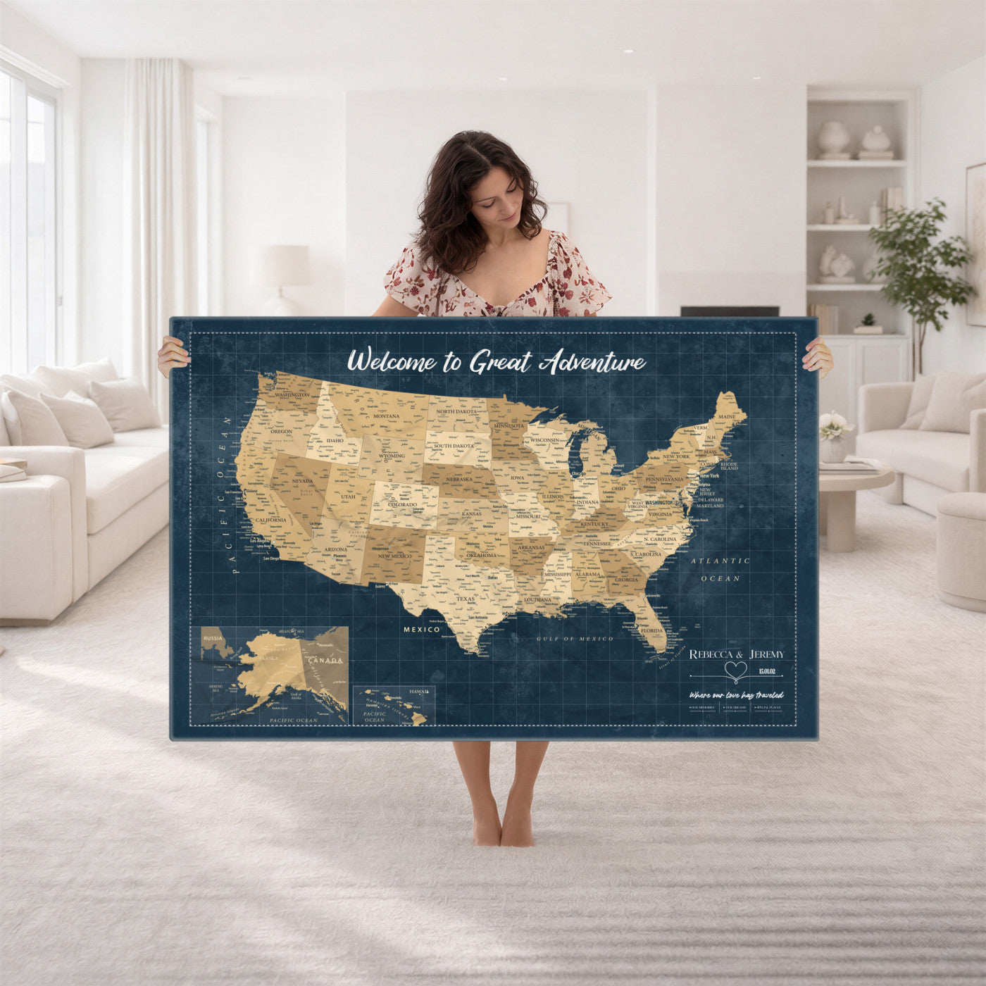 58851035-MGV-CV-36X24 - Custom Push Pin Travel USA Map Canvas Print, Cream Personalized Travel Tracker America Map, Anniversary Traveler Gift
