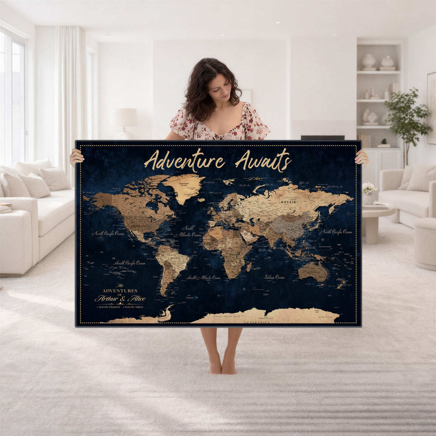 57167164-MGV-CV-36X24 - Custom Push Pin Travel Map Canvas Print, Navy Blue Personalized Travel Tracker Map, Anniversary Gift, Vintage World Map Wall Art