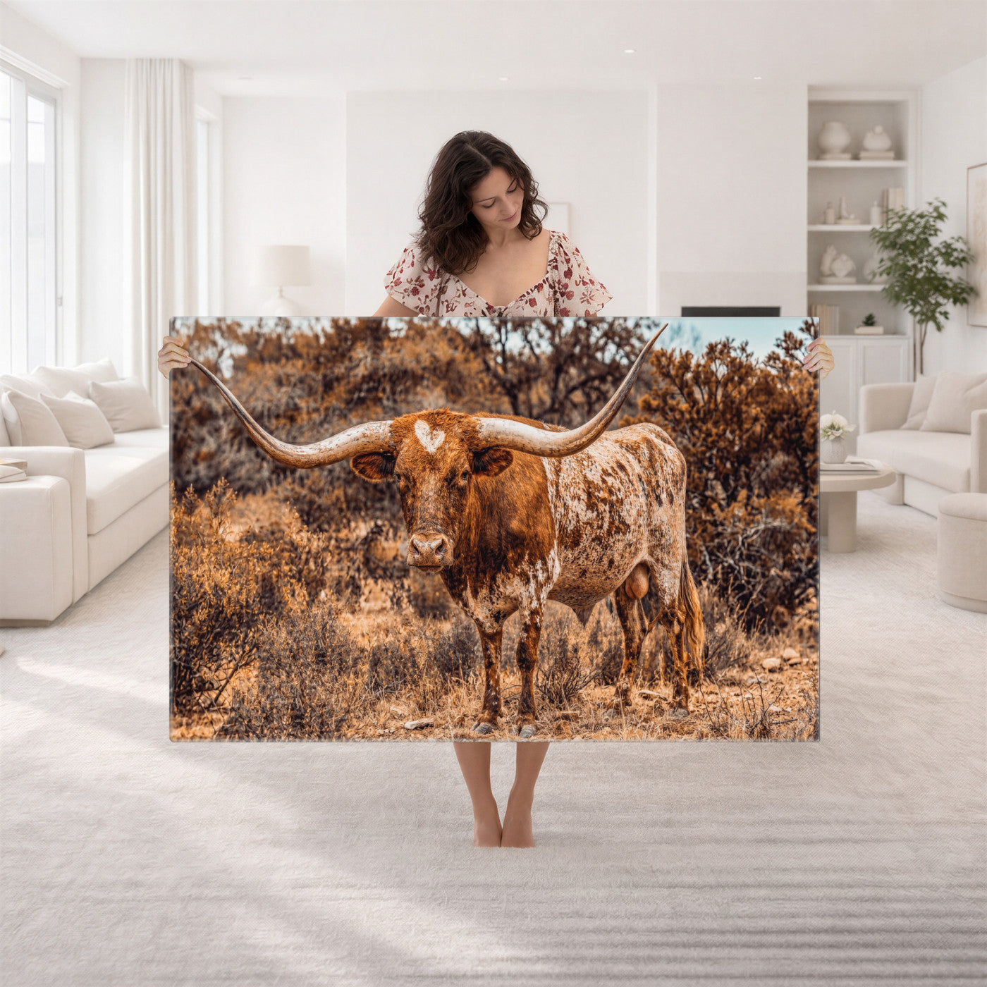 62076449-MGV-CV-36X24 - Texas Cow Bull Longhorn Print for Western Wall Art Decor for Farmhouse