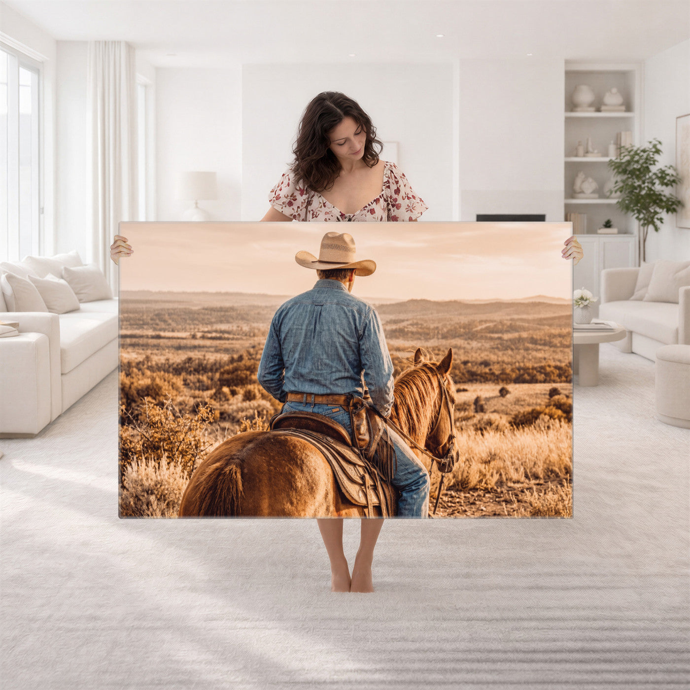 62076449-MGV-CV-36X24 - Texas Cowboy and Horse Print for Western Wall Art Decor for Farmhouse