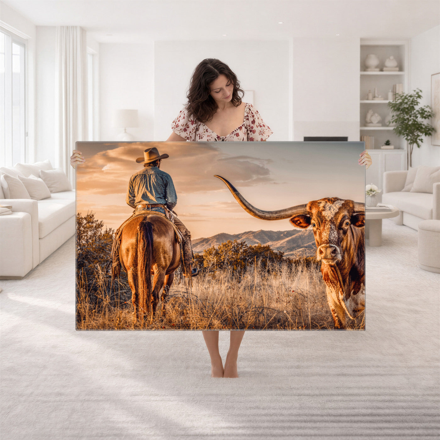 62076449C-MGV-CV-36X24 - Texas Cowboy and Longhorn Bull Print for Western Wall Art Decor for Farmhouse