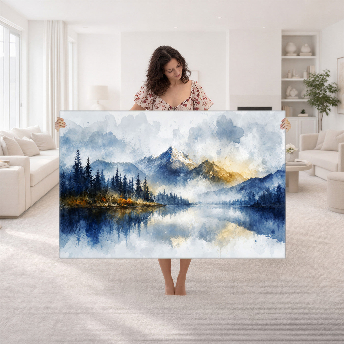 62076449DG-MGV-CV-36X24 - Abstract Watercolor Mountain Lake Wall Art Print for Living Room Decor