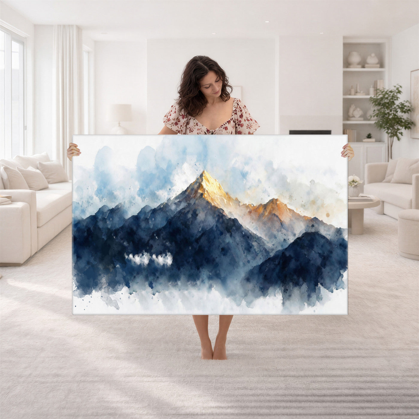 62076449DG1-MGV-CV-36X24 - Abstract Watercolor Mountain Lake Wall Art Print for Living Room Decor