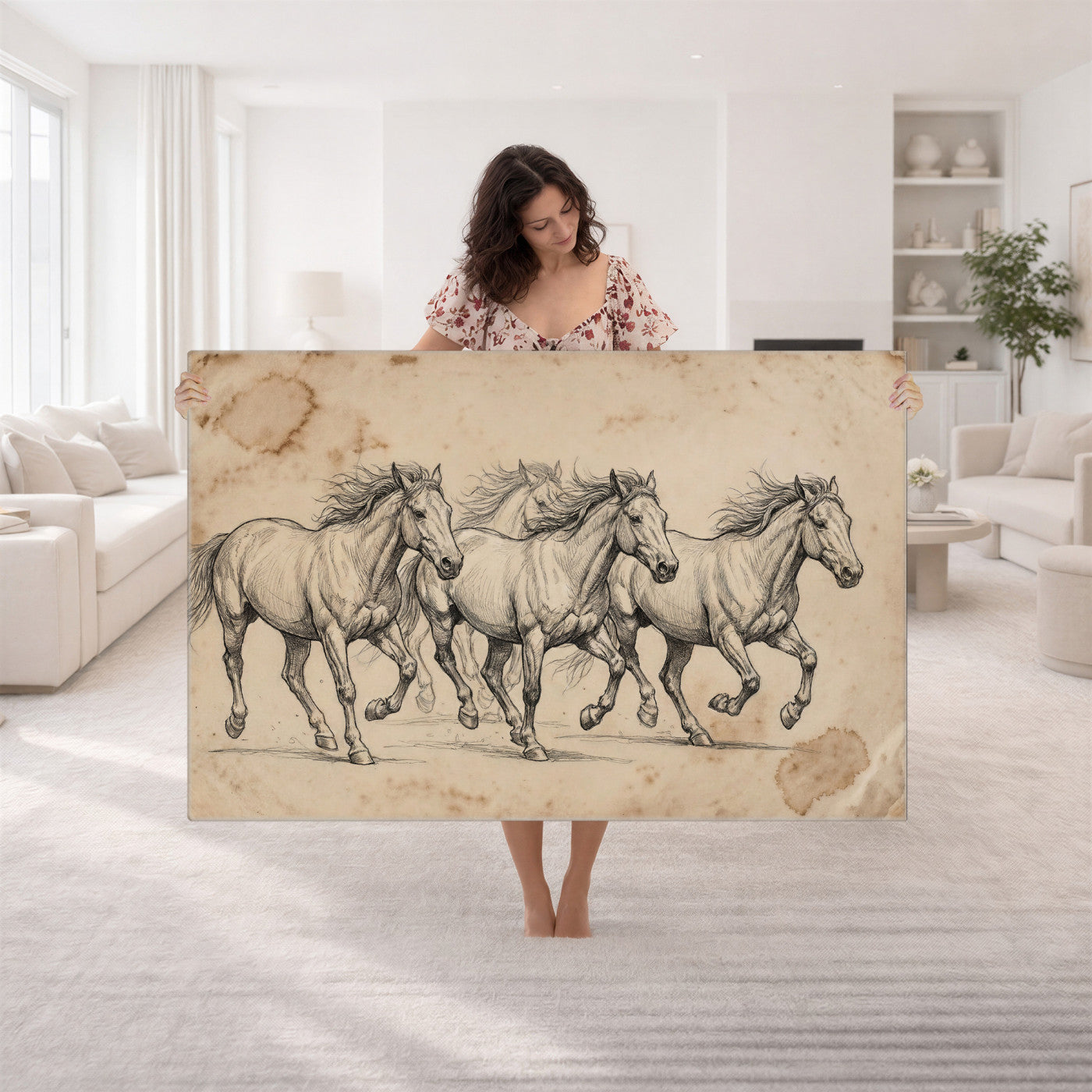 56046981-MGV-CV-36X24 - Sepia Wild Horses Canvas Art, Antique Pencil Drawing Print, Vintage Gallery Wall Decor, Rustic Equestrian Artwork, Traditional Den Gift