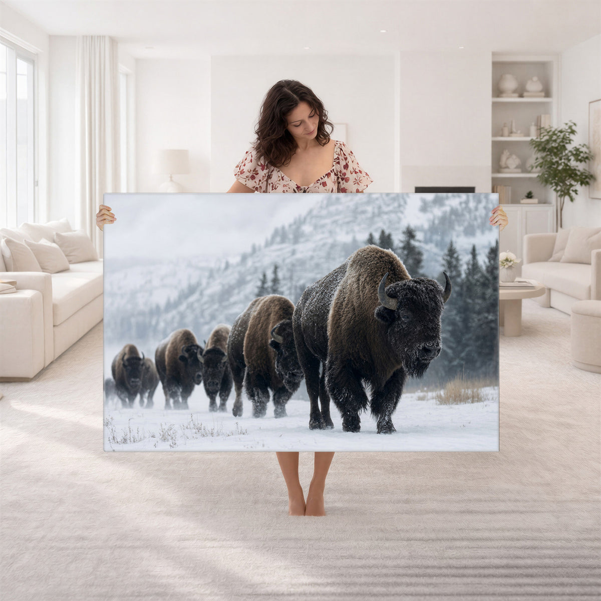18343289-MGV-CV-36X24 - Rustic Bison Wall Art, American Buffalo Photo Print, Wildlife Canvas Artwork, Snowy Mountain Decor, Large Nature Poster, Cabin Gift Idea