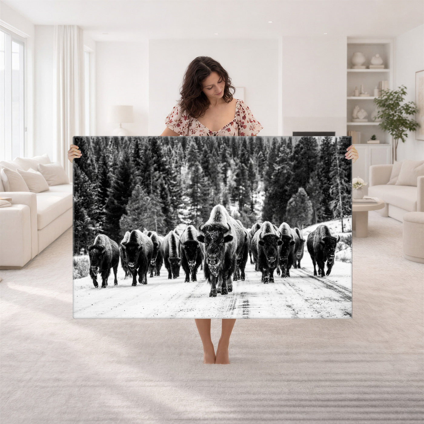 79337077-MGV-CV-36X24 - Black and White Bison Canvas Art, American Buffalo Print, Winter Wildlife Photography, Rustic Forest Wall Decor, Large Statement Nature Gift