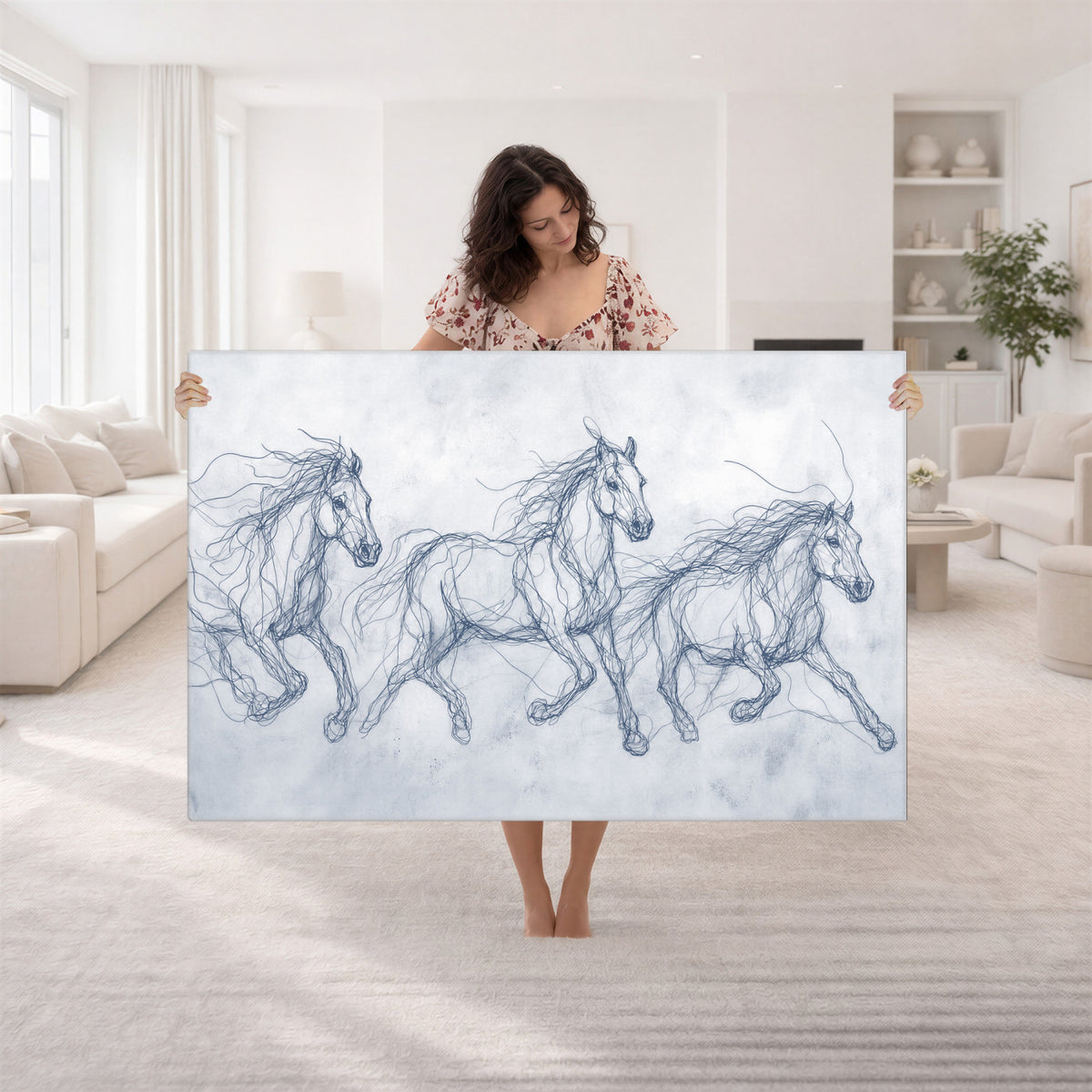41163601-MGV-CV-36X24 - Indigo Blue Horse Line Art Canvas, Steel Grey Wild Horses Print, Abstract Navy Scribble Artwork, Modern Slate Equine Wall Decor, Coastal Ranch Gift