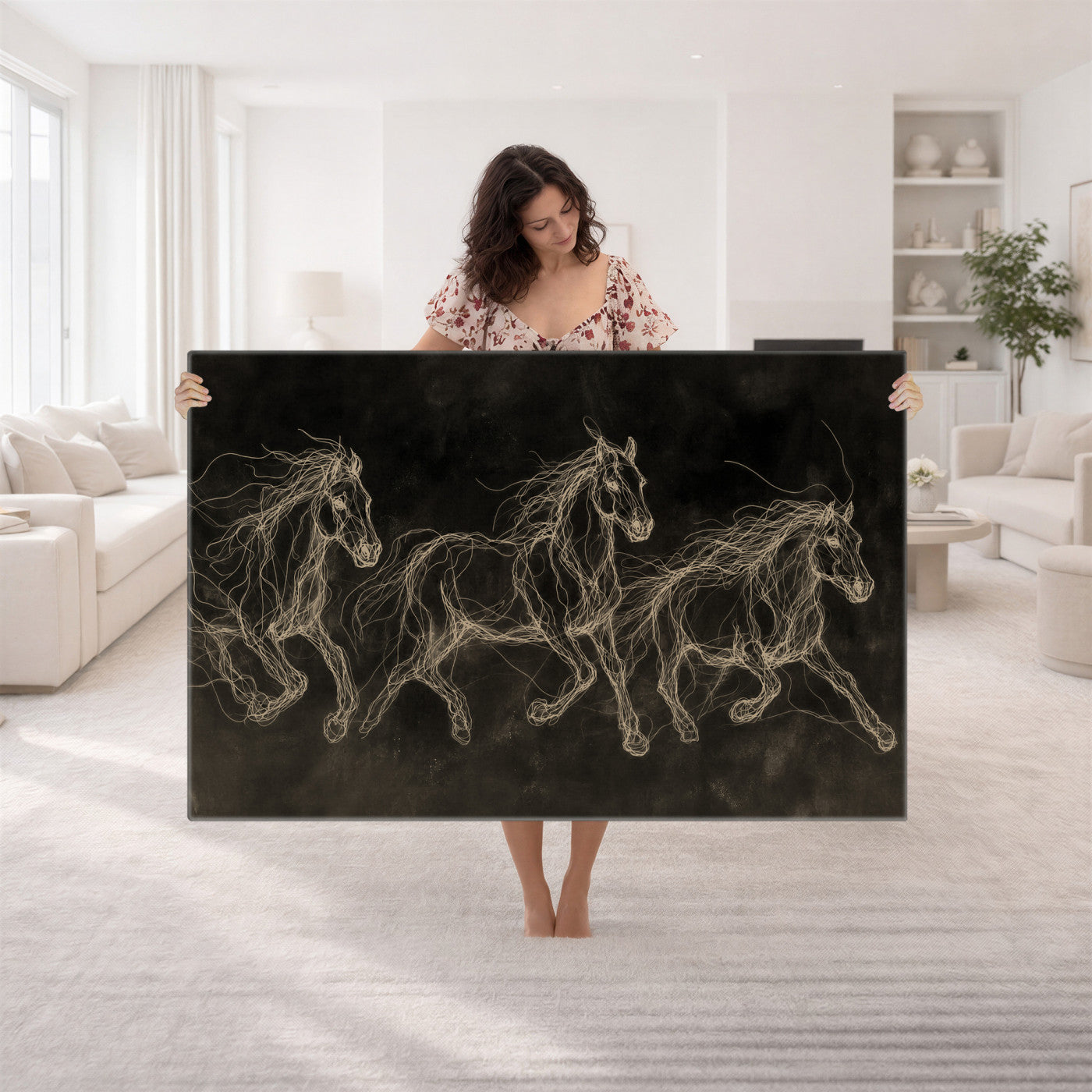15344242-MGV-CV-36X24 - Dark Horse Line Art Canvas, Gold Scribble Wild Horses Print, Black Chalkboard Wall Art, Modern Luxury Equine Decor, Masculine Office Gift