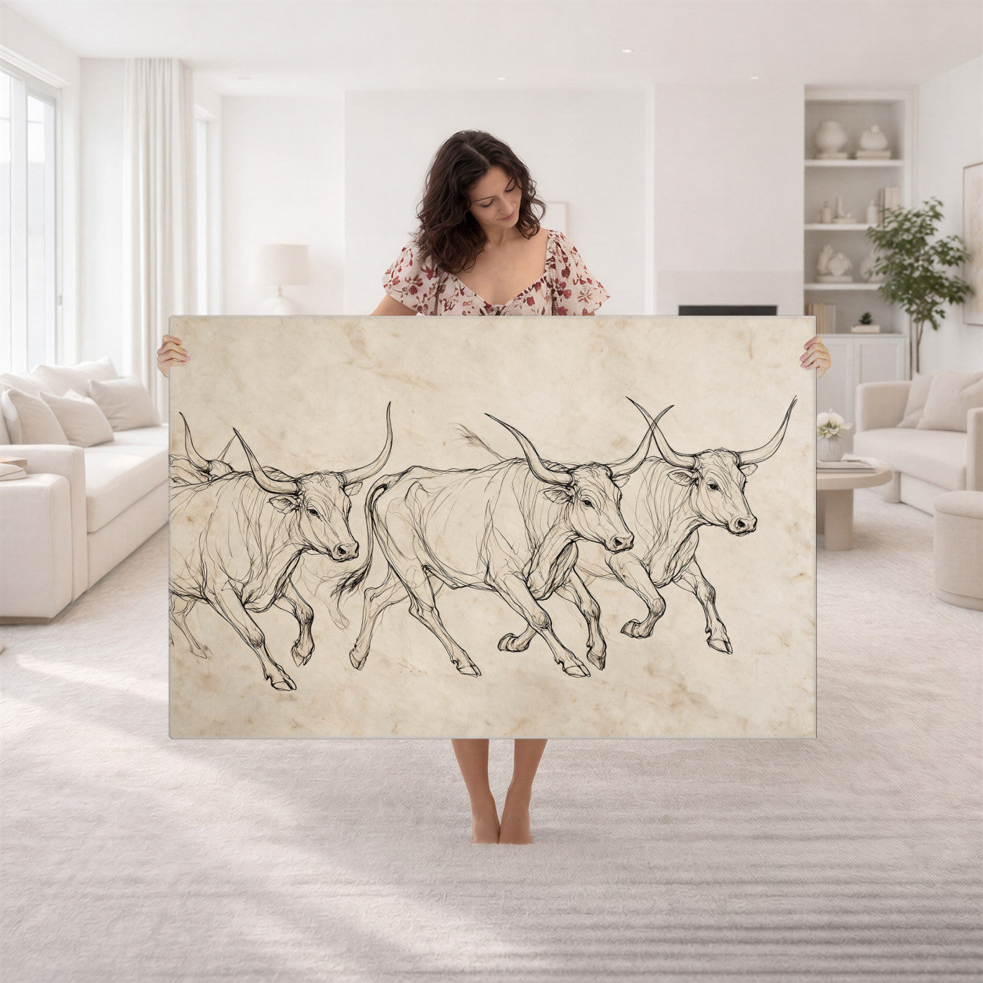 87177621-MGV-CV-36X24 - Minimalist Longhorn Line Art, Modern Texas Bull Canvas Print, Abstract Western Wall Decor, Continuous Line Artwork, Black White Ranch Gift