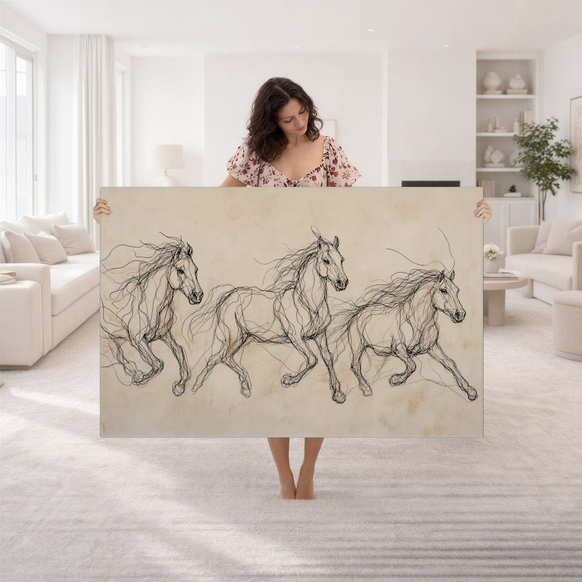 81051673-MGV-CV-36X24 - Abstract Horse Line Art Canvas, Gesture Sketch Wild Horses Print, Modern Scribble Artwork, Minimalist Equine Wall Decor, Rustic Studio Gift