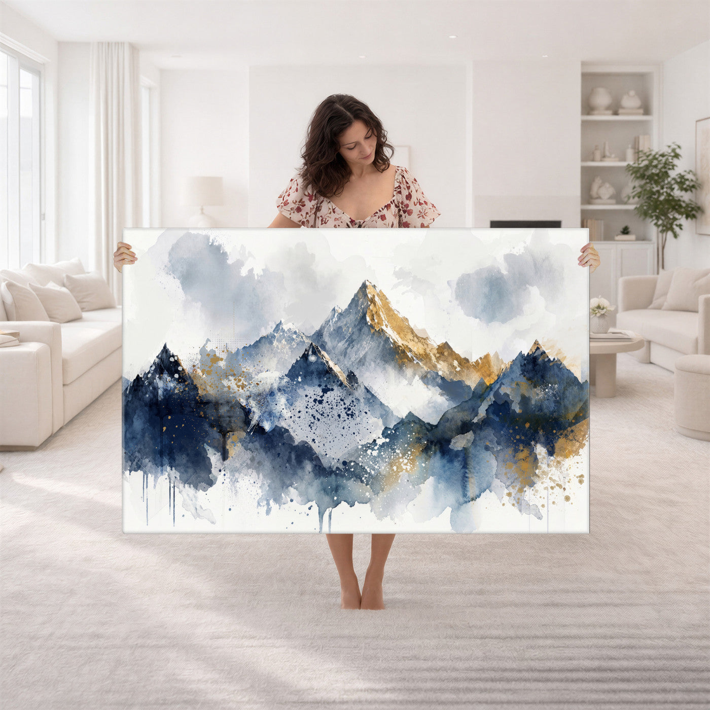 87460616-MGV-CV-36X24 - Abstract Mountain Canvas Wall Art, Blue Gold Foil Landscape Print, Modern Indigo Watercolor Poster, Large Abstract Nature, Luxury Office Gift