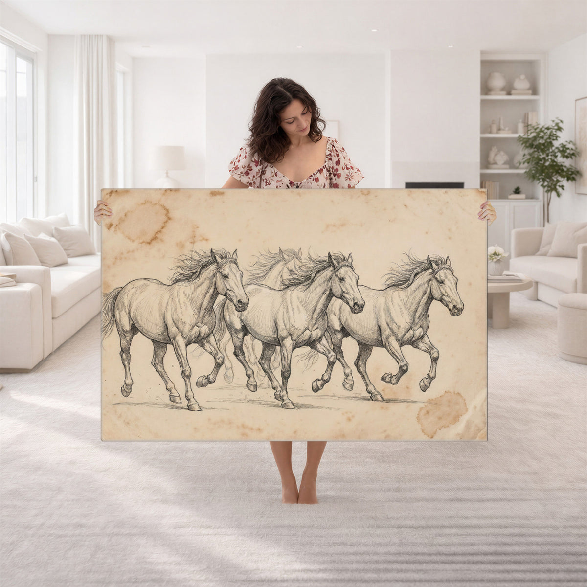 16644391-MGV-CV-36X24 - Vintage Horse Sketch Canvas Wall Art, Wild Horses Pencil Drawing Print, Antique Parchment Western Decor, Equine Sketching, Country Manor Gift