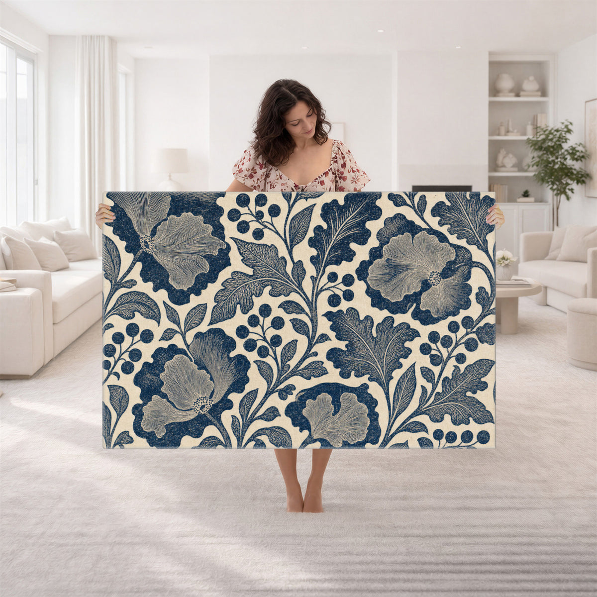 23824002-MGV-CV-36X24 - William Morris Style Navy Blue Floral Wall Art Canvas Print, Vintage Cream Botanical Painting Print
