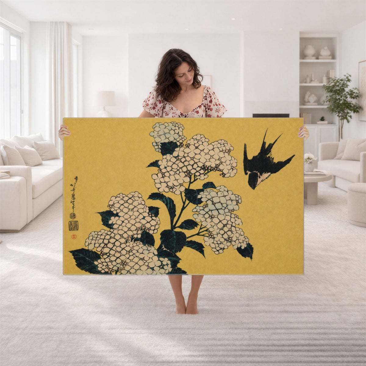 92483501-MGV-CV-36X24 - Katsushika Hokusai Hydrangea and Swallow Wall Art Canvas Print, Japanese Woodblock Painting Print