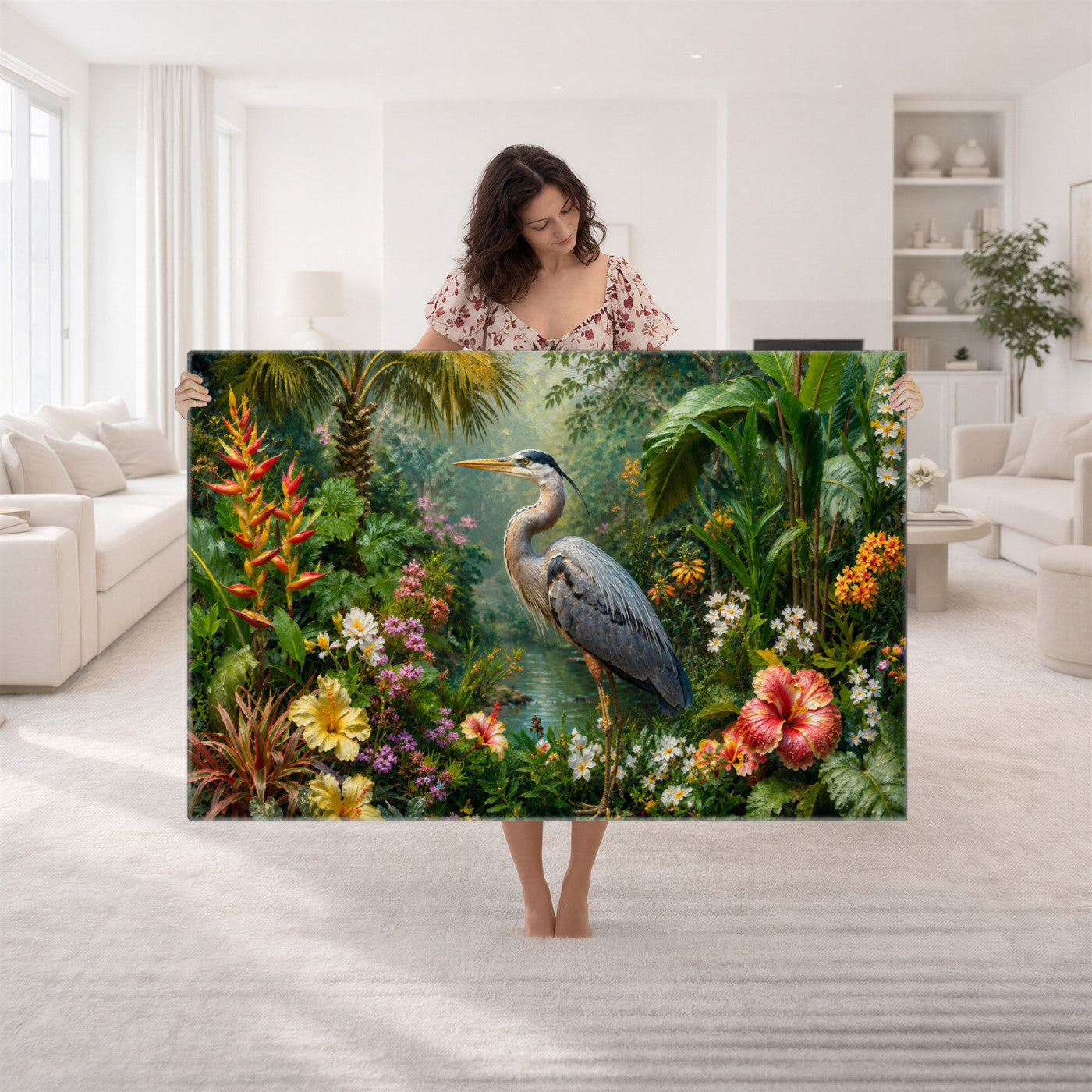 81059387-MGV-CV-36X24 - Great Blue Heron Tropical Jungle Wall Art Canvas Print, Exotic Botanical Garden Painting Print