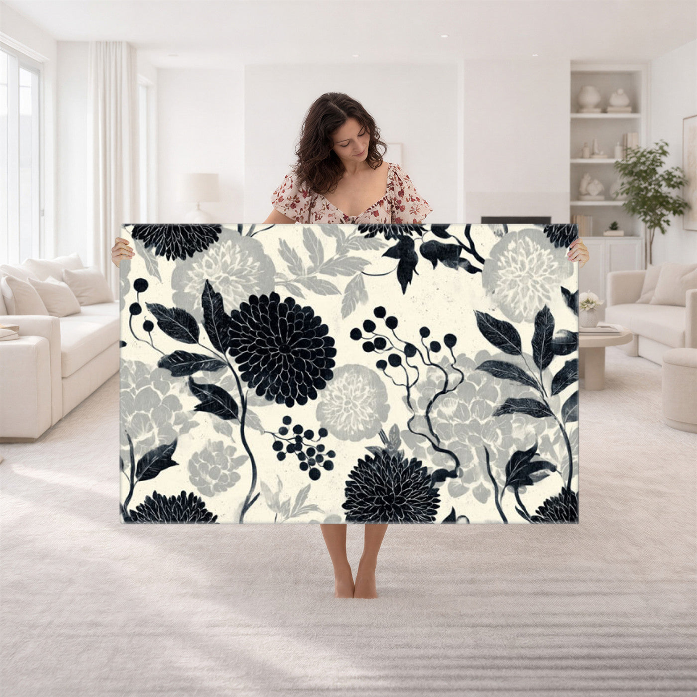 61524791-MGV-CV-36X24 - Vintage Black Chrysanthemum Wall Art Canvas Print, Monochrome Dhalia Floral Painting Print