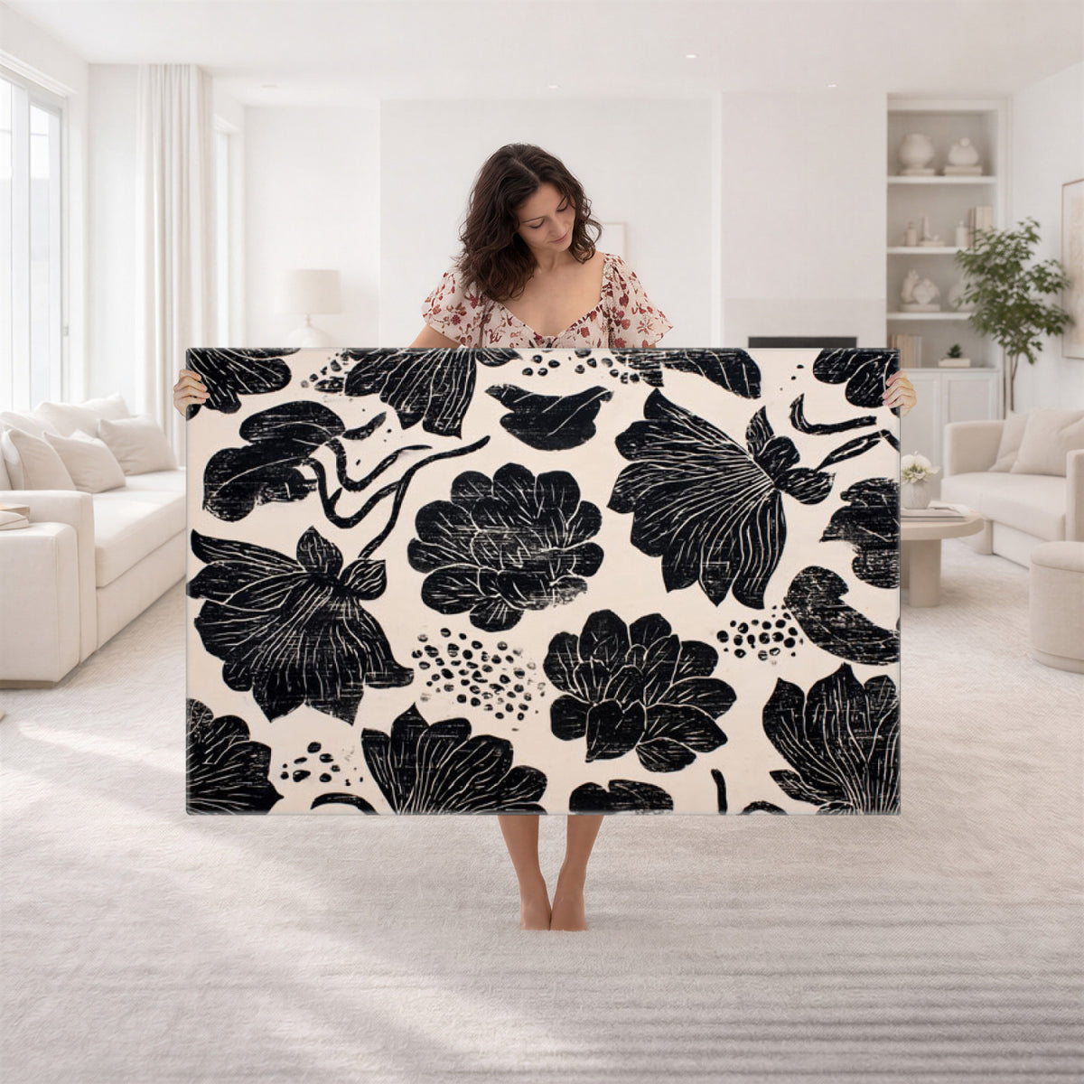 81787117-MGV-CV-36X24 - Linocut Black Lotus Floral Wall Art Canvas Print, Vintage Monochrome Botanical Painting Print