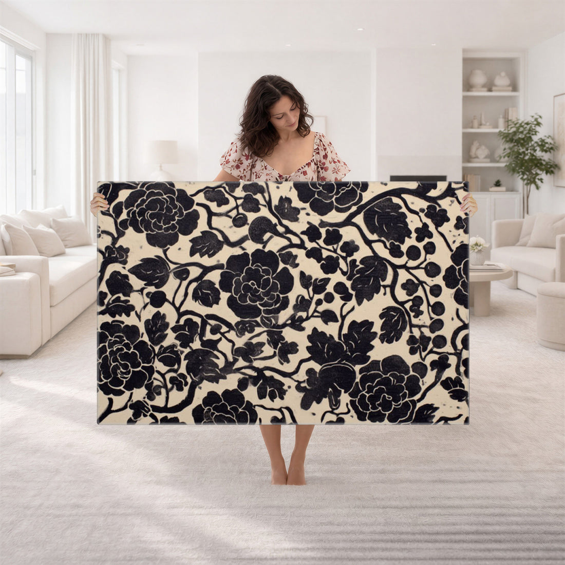 Vintage Black and Cream Floral Wall Art Canvas Print, Chinoiserie Botanical Print