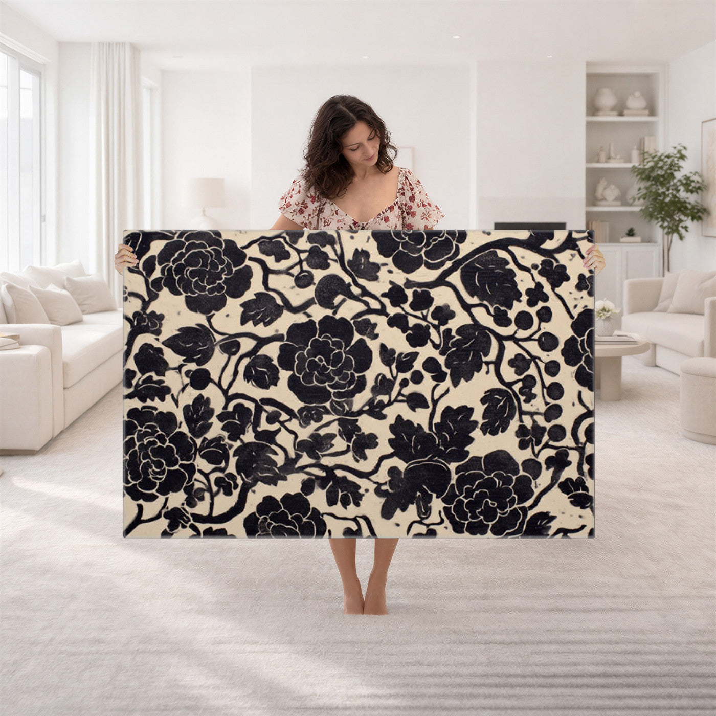 86696255-MGV-CV-36X24 - Vintage Black and Cream Floral Wall Art Canvas Print, Chinoiserie Botanical Painting Print