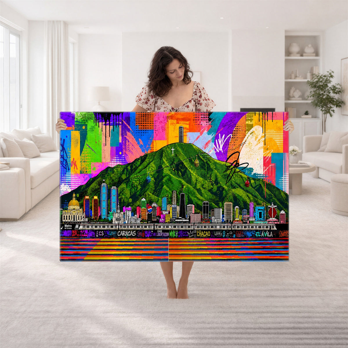 86696255-MGV-CV-36X24 - Mount Ávila, Caracas, Venezuela Wall Art Print by Artist Yorlette - Graffiti Caracas Skyline Canvas Art, Colorful Street Artwork - Venezuela El Avila Poster Print