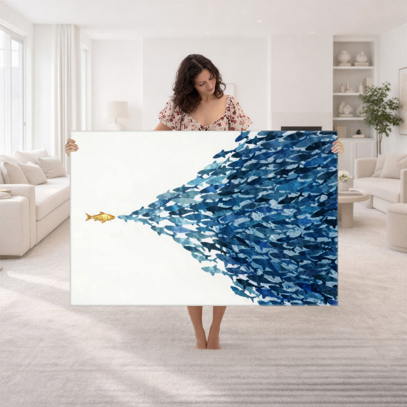 79089639-MGV-CV-36X24 - Abstract Blue Fish School Canvas Wall Art, Gold Foil Accent Marine Print