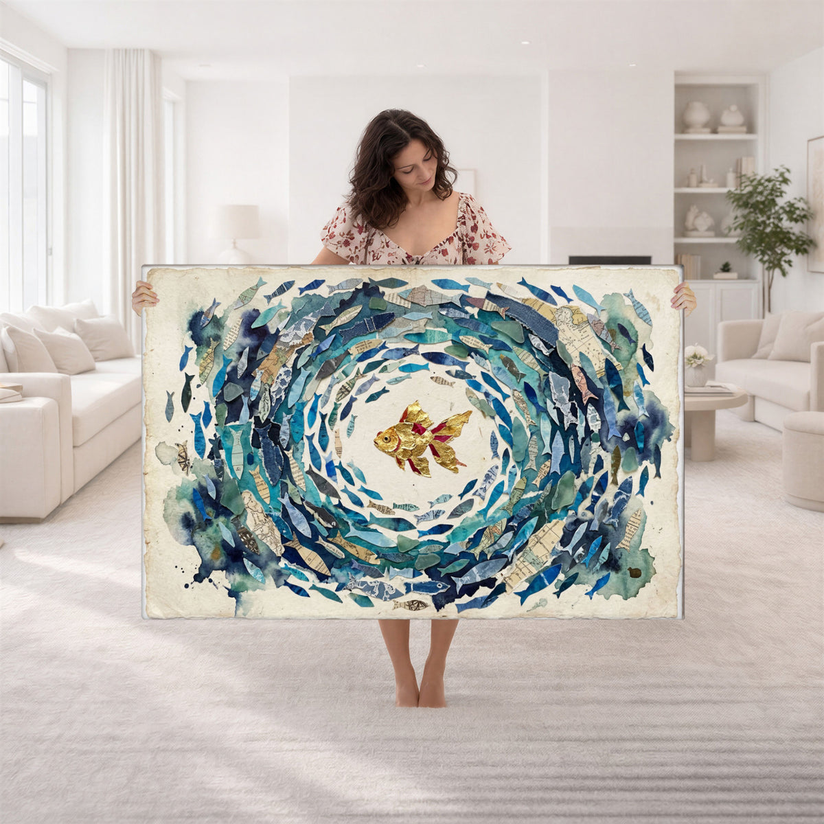 73165663-MGV-CV-36X24 - Mixed Media Blue Fish Swirl Canvas Wall Art, Goldfish Collage Ocean Print