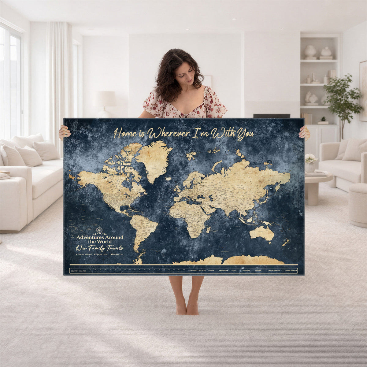 98668848-MGV-CV-36X24 - Our Family Adventures Push Pin World Map Wall Art Canvas Print - Family Travel Tracker Map with Pins