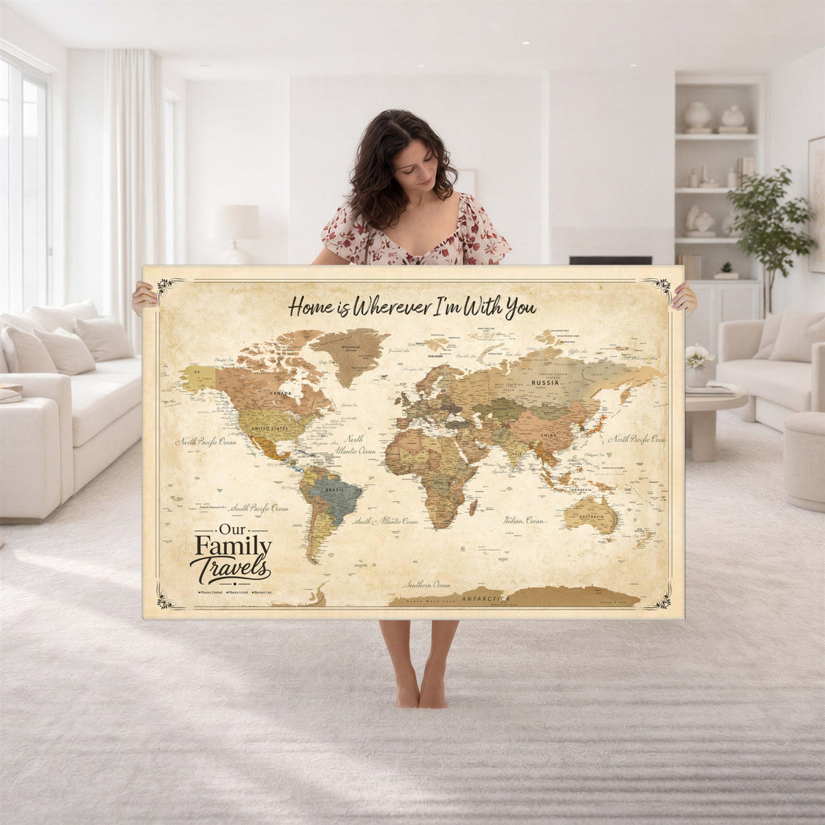 94272126-MGV-CV-36X24 - Our Family Adventures Push Pin World Map Wall Art Canvas Print - Family Travel Tracker Map with Pins