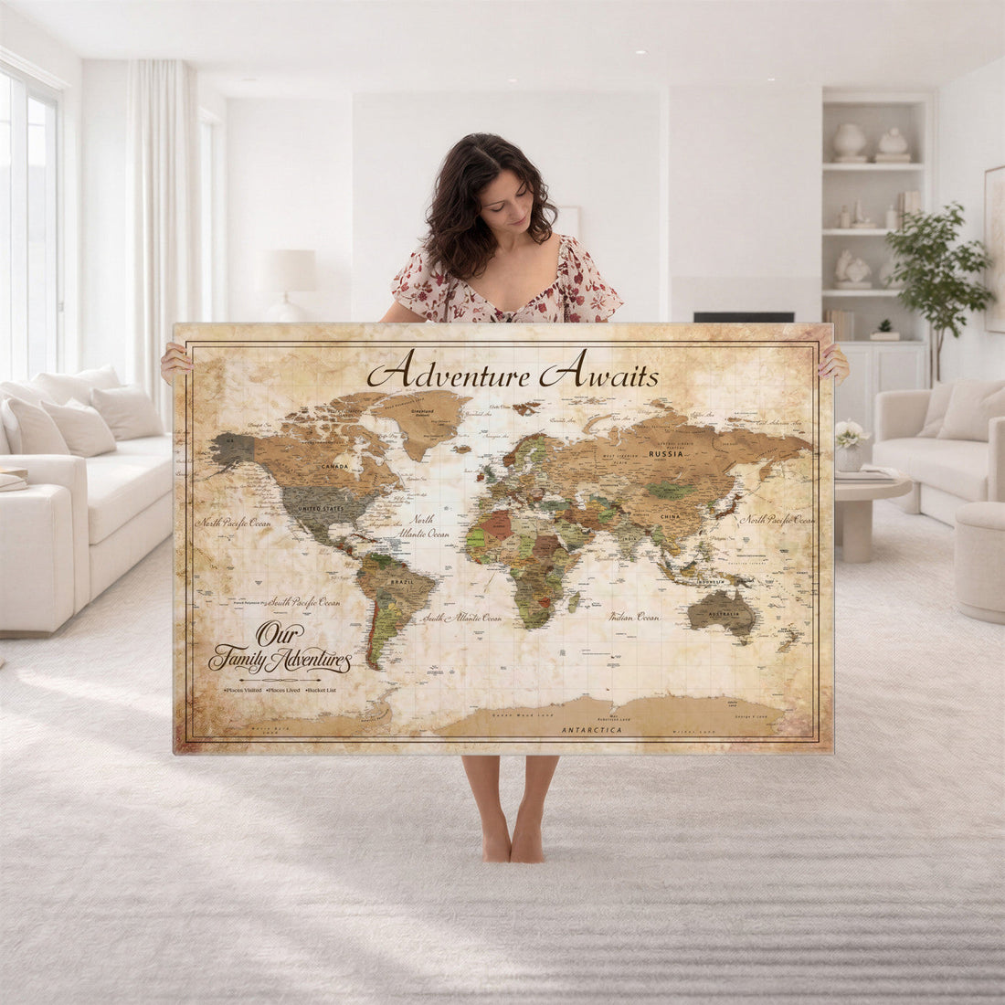 Custom Family Travel Map Wall Art, Push Pin World Map Canvas for Home