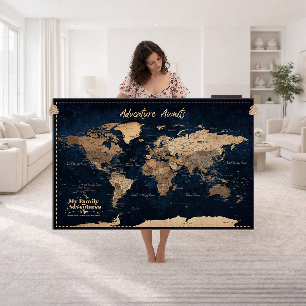 82827666-MGV-CV-36X24 - Our Family Adventures Push Pin World Map Wall Art Canvas Print - Family Travel Tracker Map with Pins