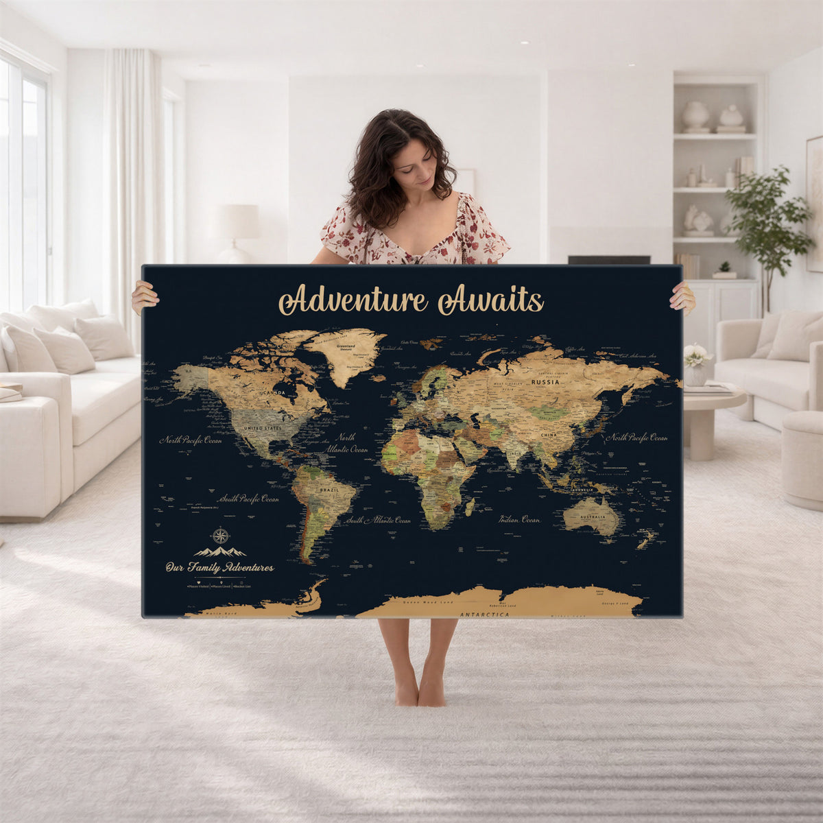 88994085-MGV-CV-36X24 - Our Family Adventures Push Pin World Map Wall Art Canvas Print - Family Travel Tracker Map with Pins