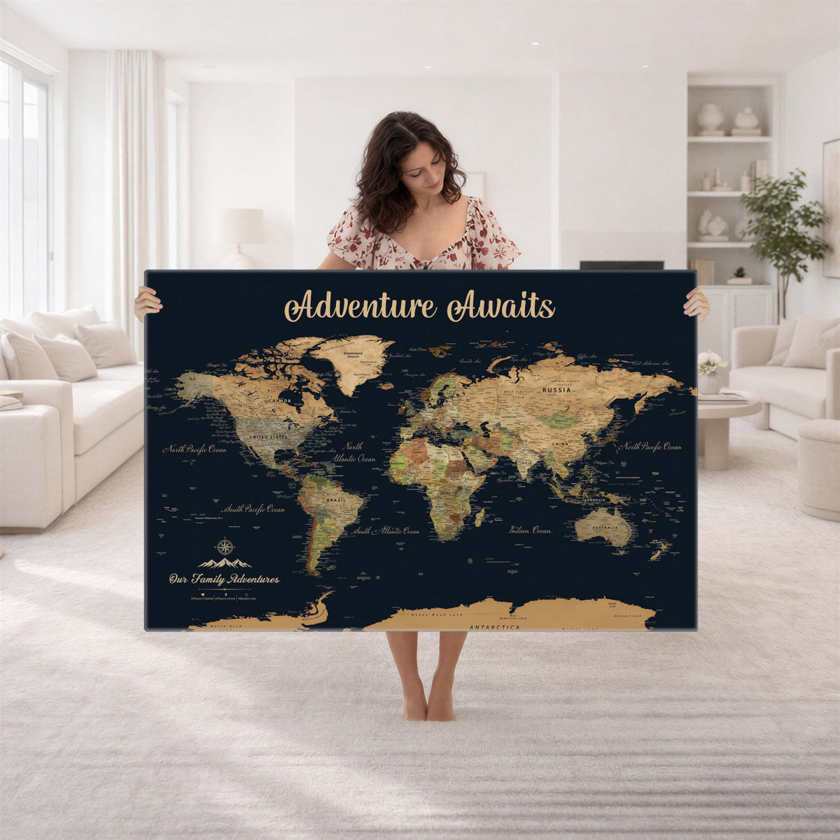 88994085-MGV-CV-36X24 - Our Family Adventures Push Pin World Map Wall Art Canvas Print - Family Travel Tracker Map with Pins