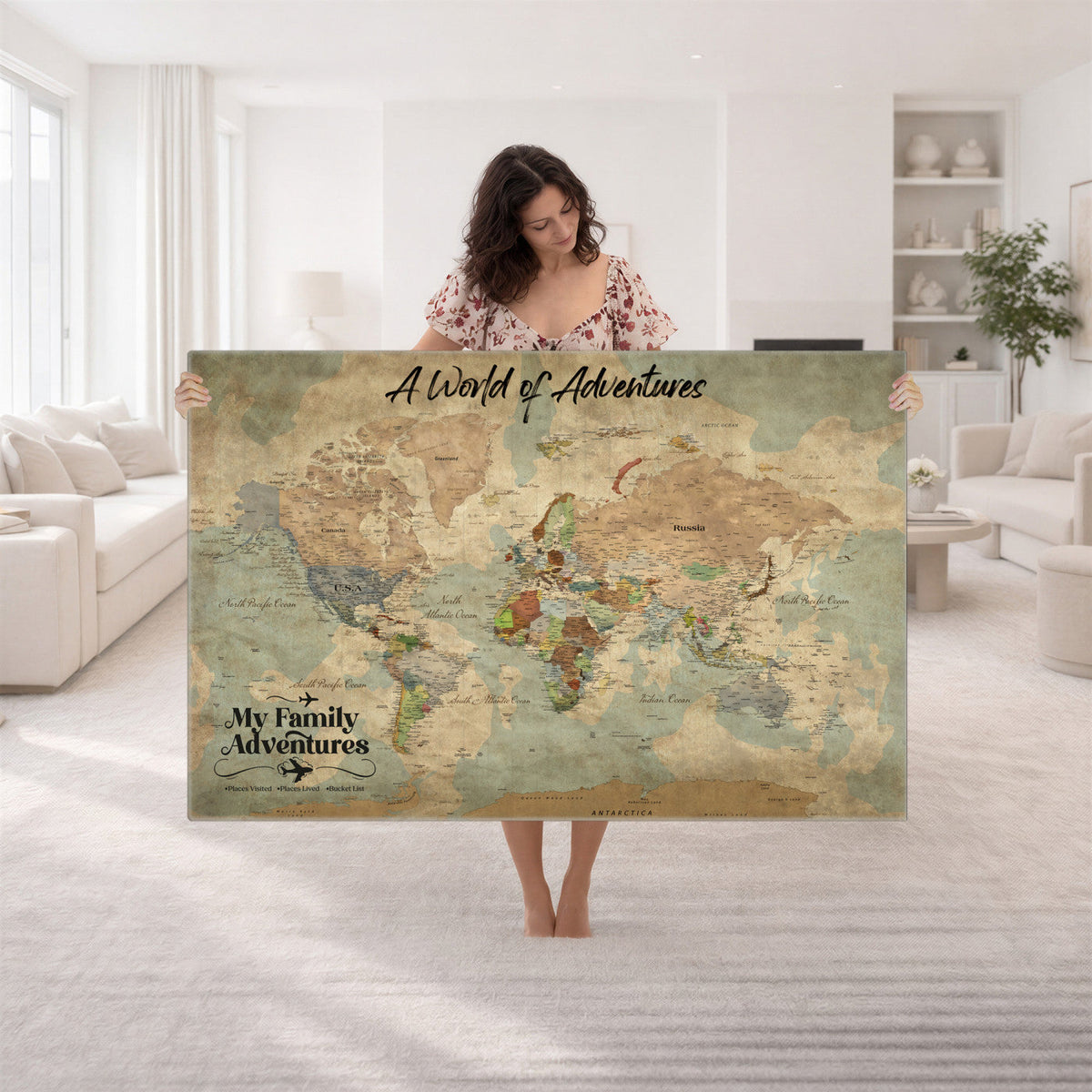 57377793-MGV-CV-36X24 - Our Family Adventures Push Pin World Map Wall Art Canvas Print - Family Travel Tracker Map with Pins