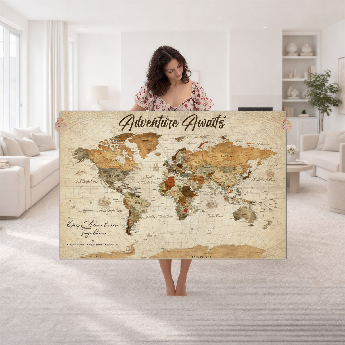 94237870-MGV-CV-36X24 - Our Family Adventures Push Pin World Map Wall Art Canvas Print - Family Travel Tracker Map with Pins