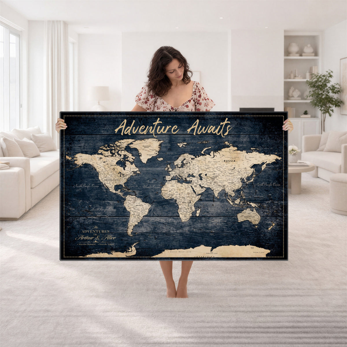 68817382-MGV-CV-36X24 - Extra Large Vintage Personalized Push Pin World Map Wall Art Canvas Print