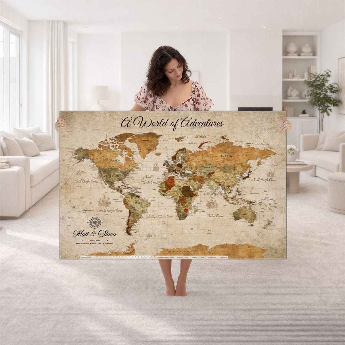 88768647-MGV-CV-36X24 - Extra Large Framed Personalize Push Pin World Map Wall Art Canvas Print for Travel Tracking