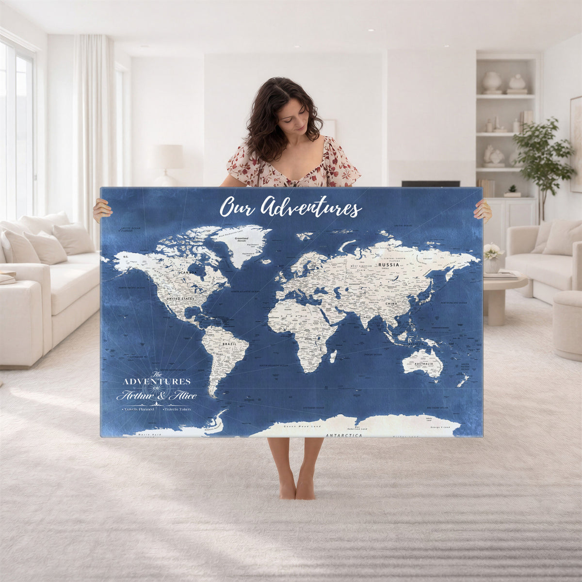 75405527-MGV-CV-36X24 - Extra Large Framed Personalize Push Pin World Map Wall Art Canvas Print for Travel Tracking