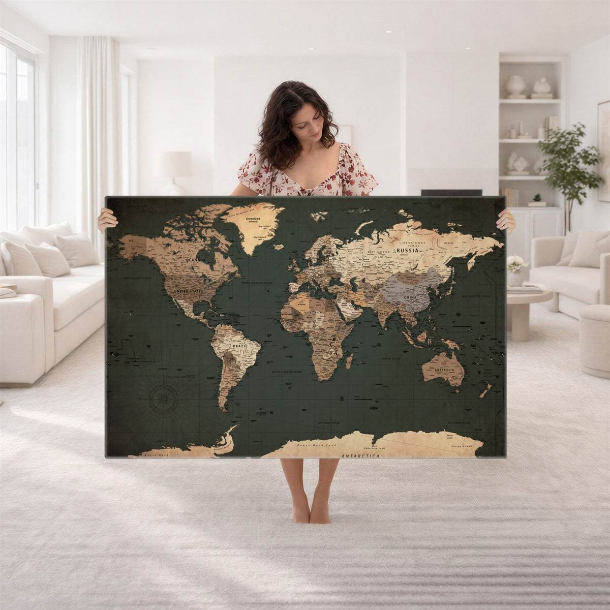 42327656-MGV-CV-36X24 - Extra Large Framed Personalize Push Pin World Map Wall Art Canvas Print for Travel Tracking