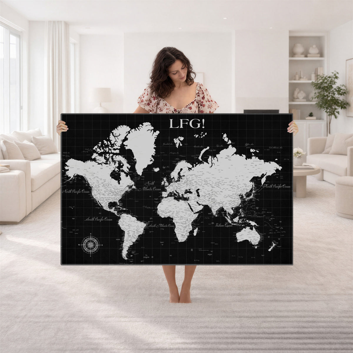 68209291-MGV-CV-36X24 - Extra Large Framed Personalize Push Pin World Map Wall Art Canvas Print for Travel Tracking