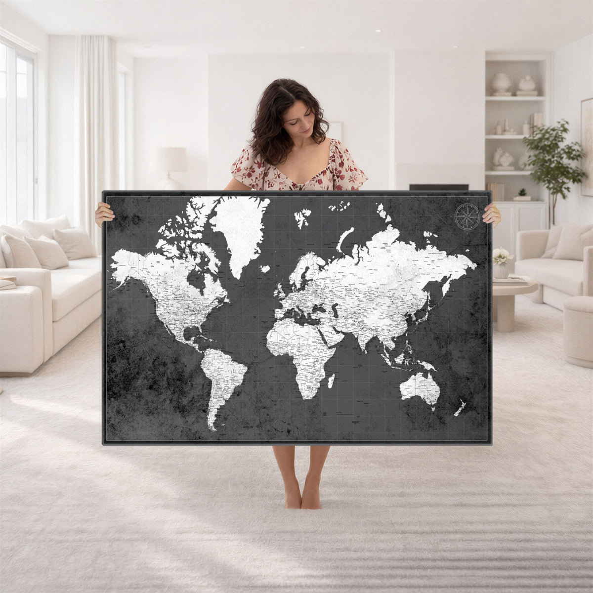 78574966-MGV-CV-36X24 - Extra Large Framed Personalize Push Pin World Map Wall Art Canvas Print for Travel Tracking