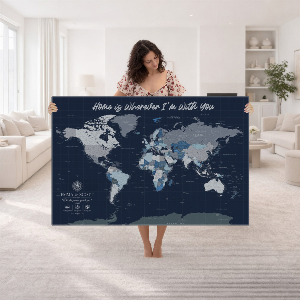 17712680D-MGV-CV-36X24 - World Map Wall Art Canvas Print, Modern Decorative Framed Map Artwork Prints for Living Room, Office, Bedroom Wall Decor