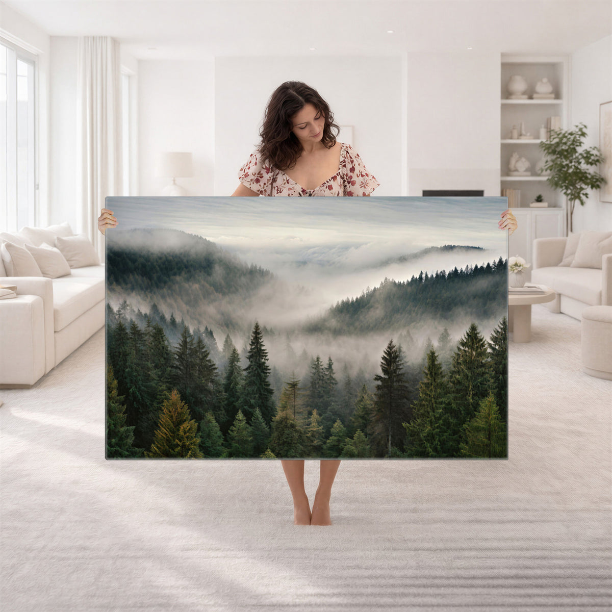 38409495-_Poster-30x20 - Misty Pine Valley Mountain Canvas Print 3 Piece Framed Wall Art Extra Large Floating Frame Nature Poster Made in USA