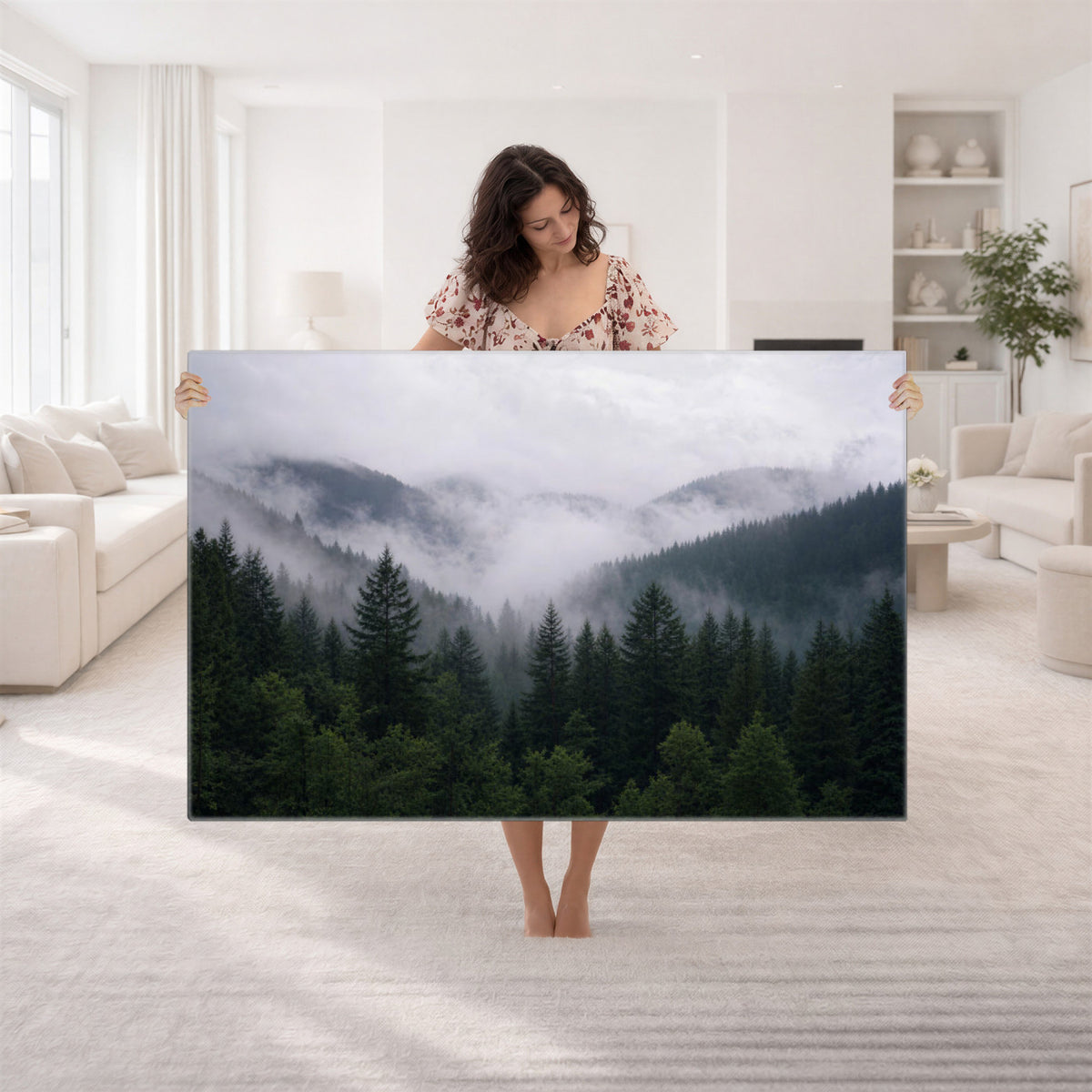 25432119-_Poster-30x20 - Misty Mountain Pine Forest Canvas Print 3 Piece Framed Wall Art Extra Large Floating Frame Nature Poster Made in USA