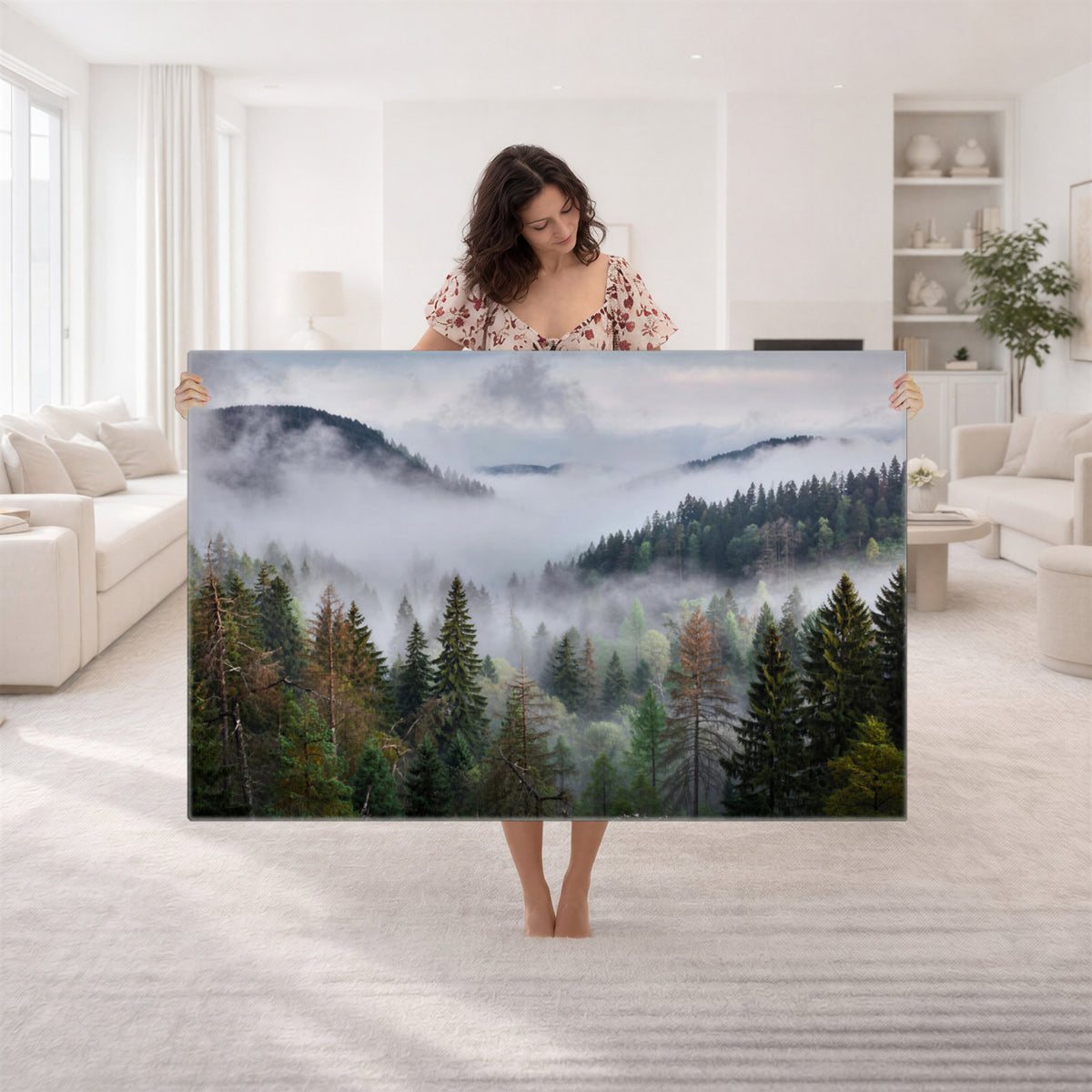18735847-_Poster-30x20 - Foggy Pine Forest Mountain Canvas Print 3 Piece Framed Wall Art Extra Large Floating Frame Nature Poster Made in USA