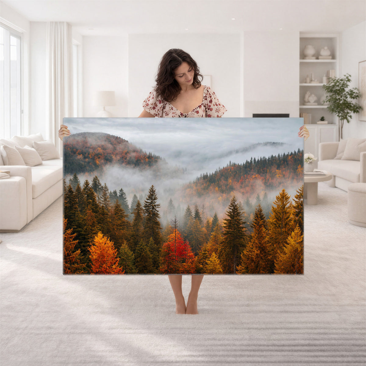 87481341-_Poster-30x20 - Foggy Autumn Mountain Canvas Print Smoky Pine Forest Wall Art Panoramic Nature Poster 3 Piece Made in USA