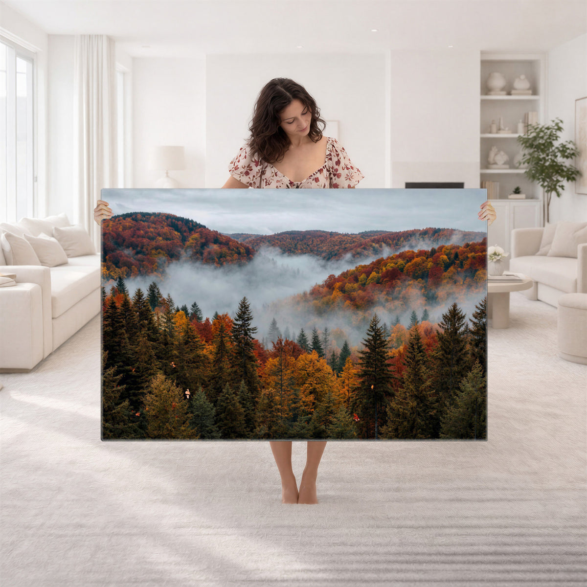26686263-_Poster-30x20 - Misty Autumn Forest Mountain Canvas Print 3 Panel Wall Art Gallery Wrapped Floating Frame Poster Made in USA