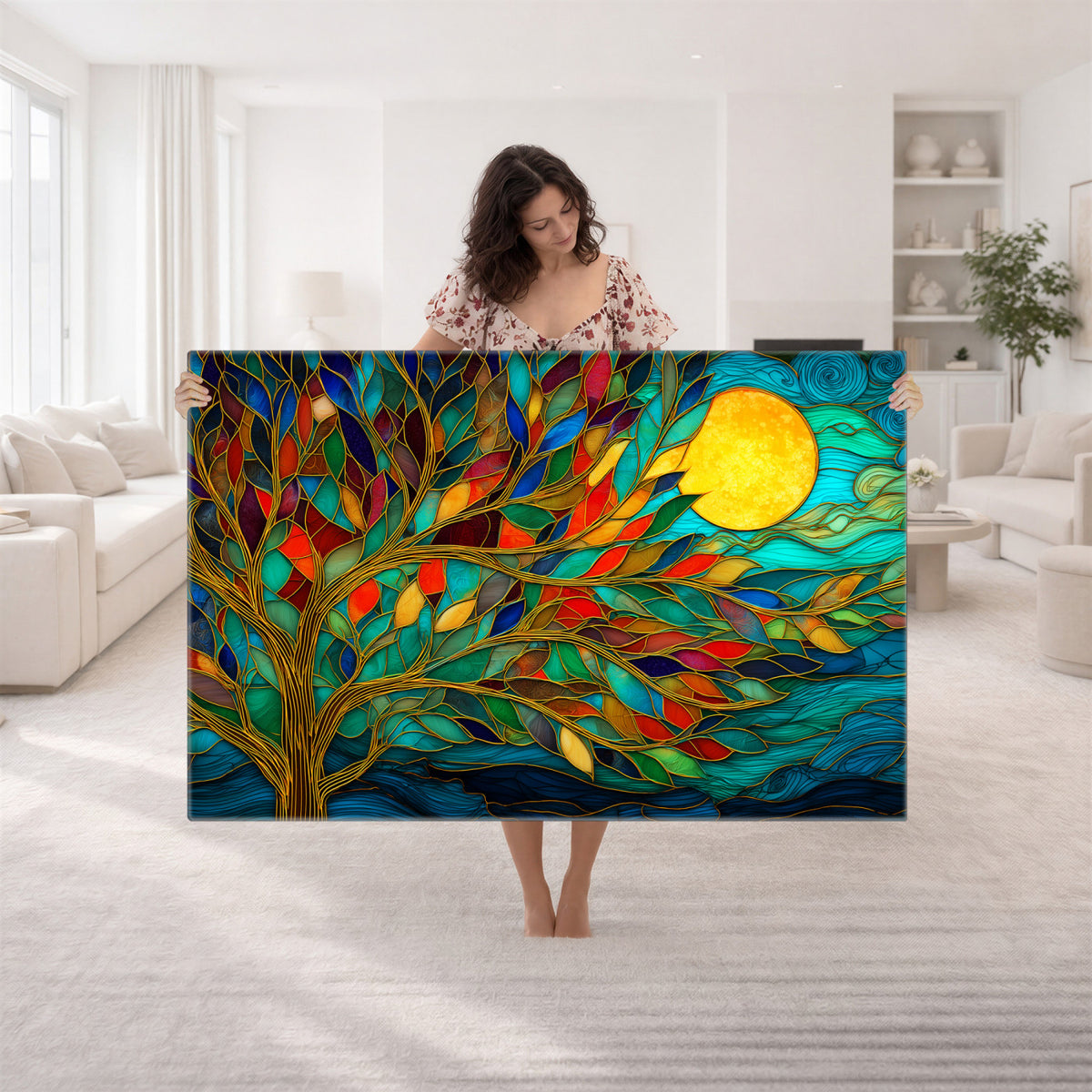 11877152-MGV-CV-36X24 - Stained Glass Tree Of Life Wall Art - Vibrant Mosaic Nature Home Decor