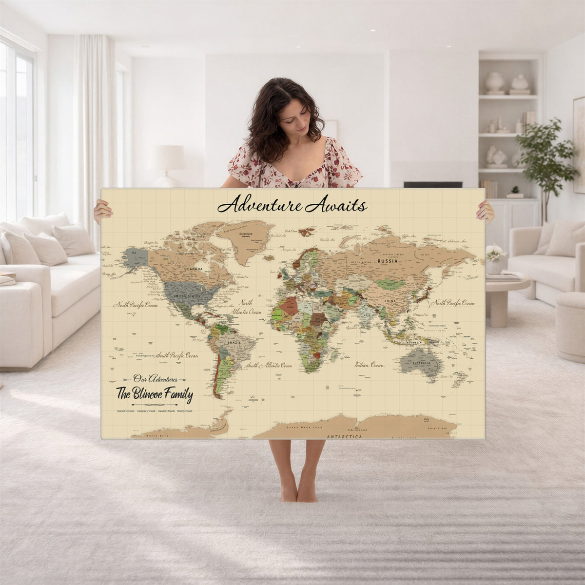 25730261D-MGV-CV-36X24 - Custom Push Pin World Map Wall Art Canvas Print | Personalized Travel Tracker with Pins Framed Large for Home and Office Decor